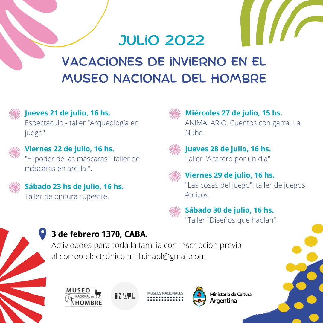 Ya empiezan las vacaciones de invierno y te contamos todas las propuestas que tiene el MNH para compartir en familia y con amigxs. 

Todas las actividades son gratuitas con inscripción previa y para toda la familia.

+info: drive.google.com/file/d/1YKDrTb…

#INAPL #museonacionaldelhombre