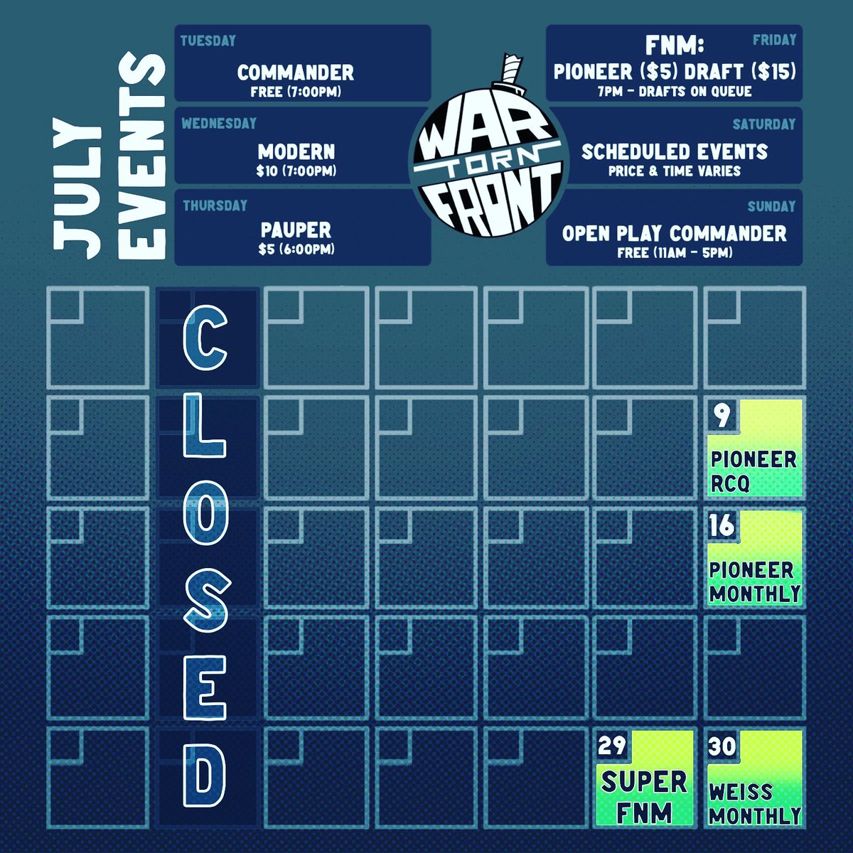 WarTornFront's tweet photo. July event schedule: https://t.co/VCrNFCXKbi