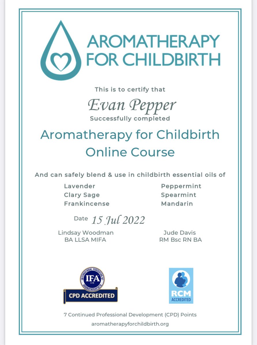 evanpepper3's tweet photo. Very pleased that I have successfully completed my course so that I can safely provide Aromatherapy during birth💙 #proud #aromatherapy #midwife  #nhs #homebirth https://t.co/8TxChK41OQ