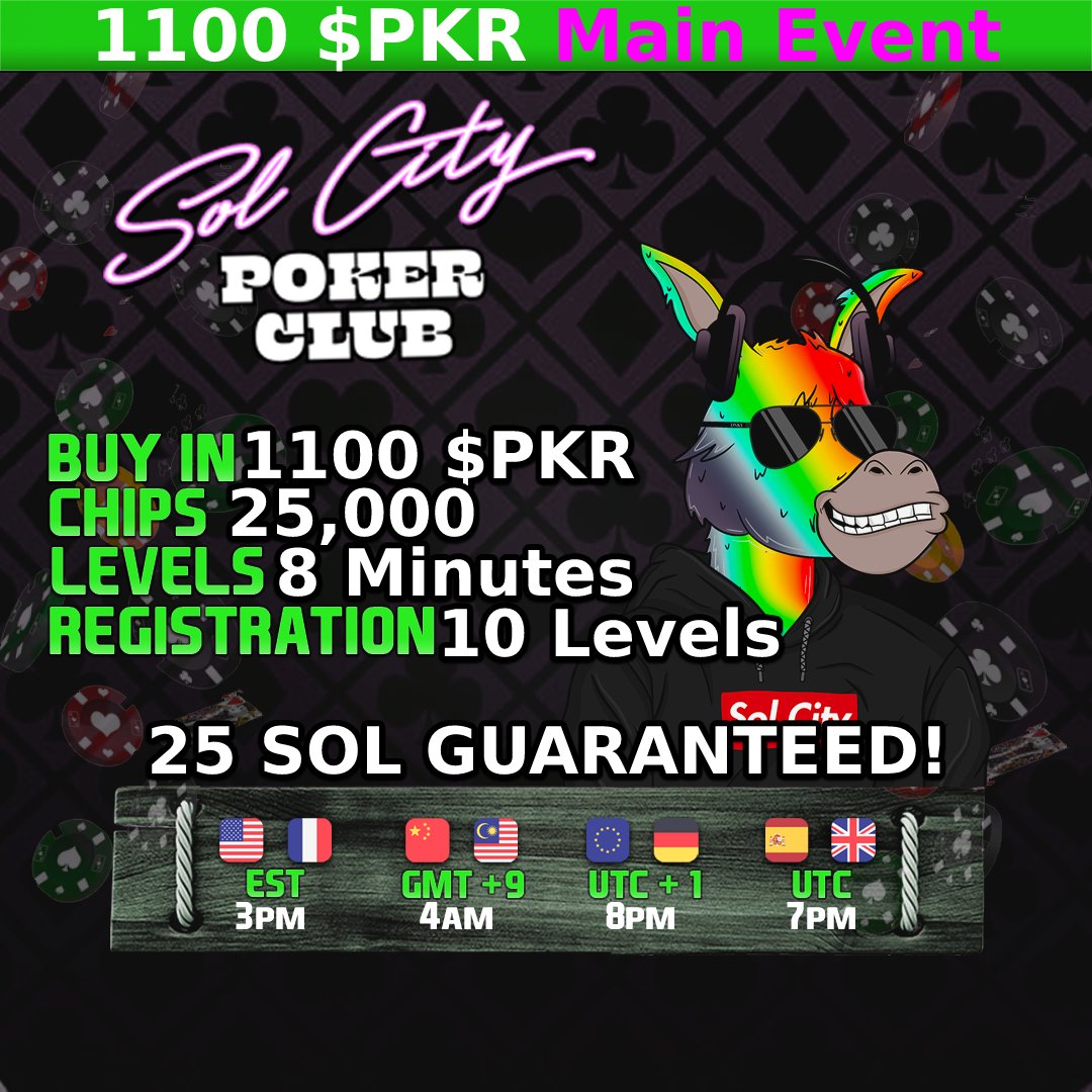 🚨MAIN EVENT POKER!

💰1 x 1100 $PKR Tournament Ticket (1.1 SOL)

1⃣Like, Follow, RT!
2⃣Tag 3 friends who love poker
3⃣Join our Discord and make a poker account
discord.gg/SolCityPokerCl…

Sign up now! 👇
play.solcitypoker.com

#poker #pokernft #cryptopoker #solana #giveaway