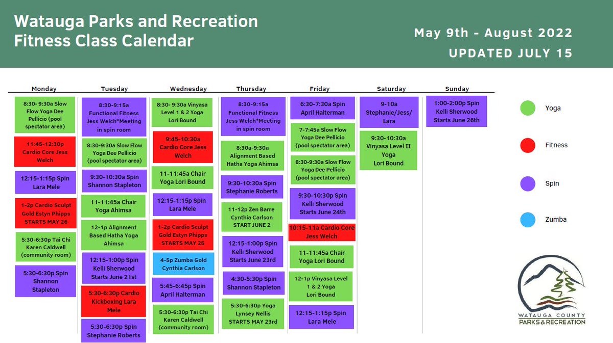 WataugaCountyPR's tweet photo. Updated Fitness Schedule, we unfortunately had to drop the Barre Classes at this time.  As always for all the updated fees and schedules:  https://t.co/HRzemaVDtK https://t.co/3BqlatOmlv