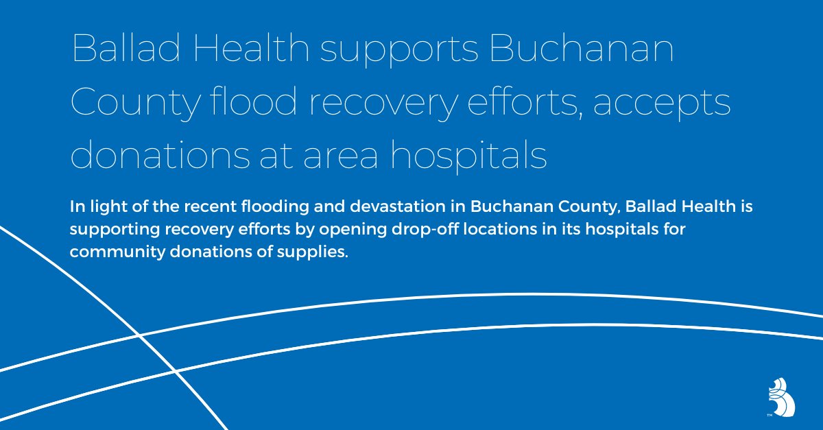 BalladHealth's tweet photo. Ballad Health team members will be able to drop off donations at any of the health system’s 21 hospitals, and the public can drop off donations at any Ballad Health hospital in Virginia. Drop-off locations will be inside the hospitals’ main entrance at the registration desk. https://t.co/hagmu9Z196