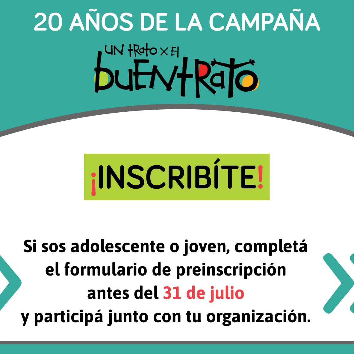 ProgramaClaves's tweet image. Claves te invita a la edición nº 20 de la campaña “Un trato por el Buentrato”.

Si sos adolescente o joven sumate a participar, junto con tu organización, de la campaña de vacunación simbólica contra el maltrato hacia niños, niñas y adolescentes.

Link en la bio 👆