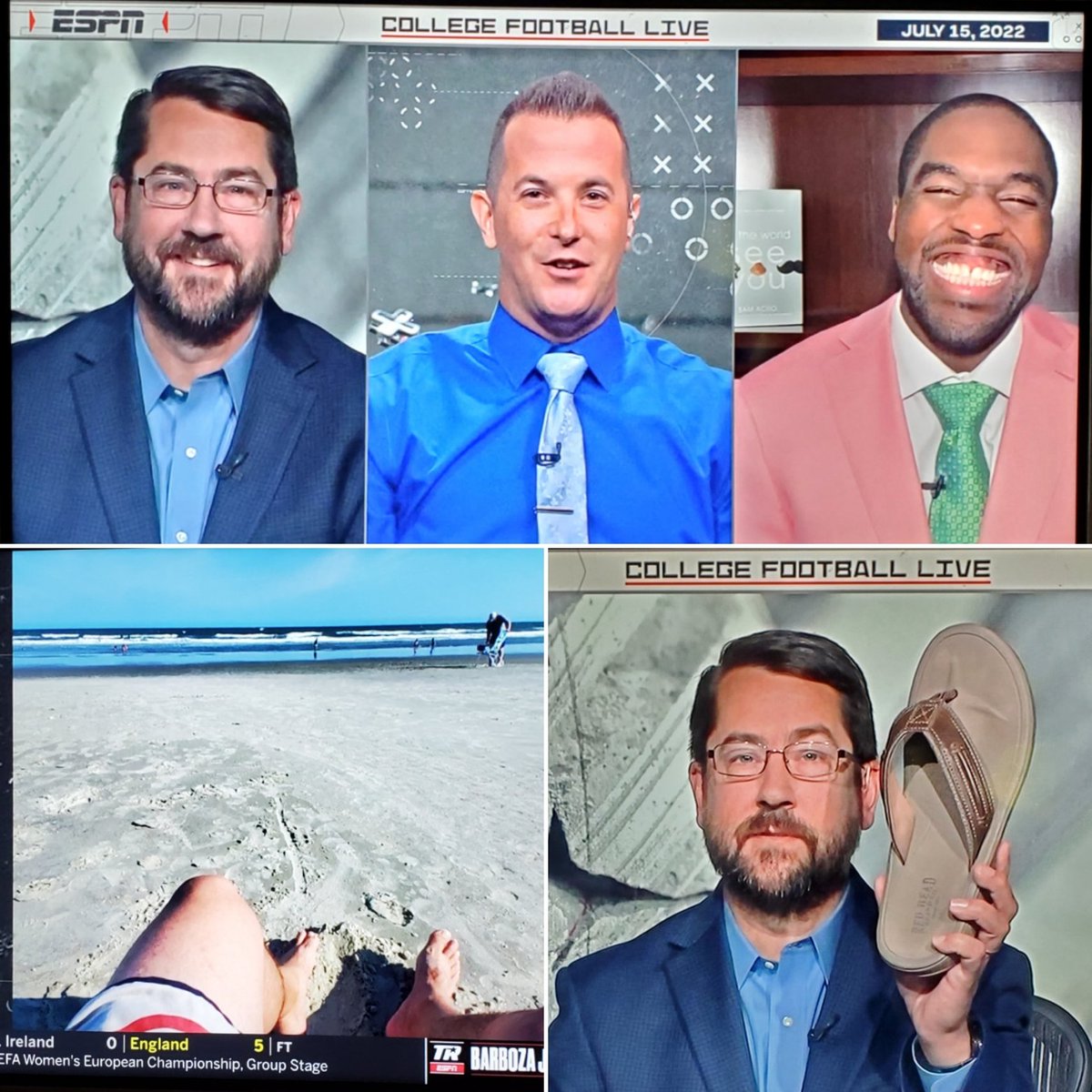 ESPNMcGee's tweet photo. Only for a pair of tremendous dudes such as @TheSamAcho and @jasonfitz would I walk right off the beach to talk ball on #CFBLive. https://t.co/ro0DoddEAT