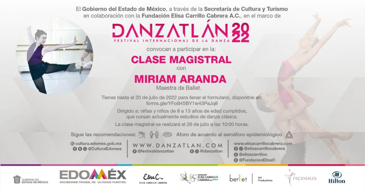 secti_edomex's tweet photo. Niñas y niños de entre 8 y 13 años, podrán participar en la Clase Magistral de Miriam Aranda, el próximo 26 de julio a las 10:00 hrs.
Consulten las bases en la convocatoria y llenen el formulario antes del 20 de julio 👉 https://t.co/7EtnFdlYaq. 
#Danzatlán2022
@CulturaEdomex https://t.co/KkK6vz5Zsg