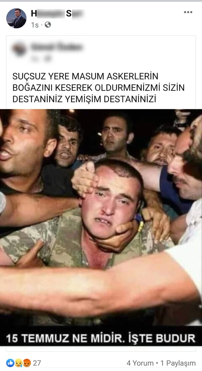 15 Temmuz ihanetine direnen vatandaşlarımızı ve Şehitlerimizi aşağılayan H. S. isimli şahıs Balıkesir Polisimiz tarafından gözaltına alındı.

Şahıs hakkında;
▪️Halkı kin ve düşmanlığa tahrik
▪️Suç ve Suçluyu Övme
▪️Terör Örgütü Propagandası Yapma suçlarından işlem yapılacak