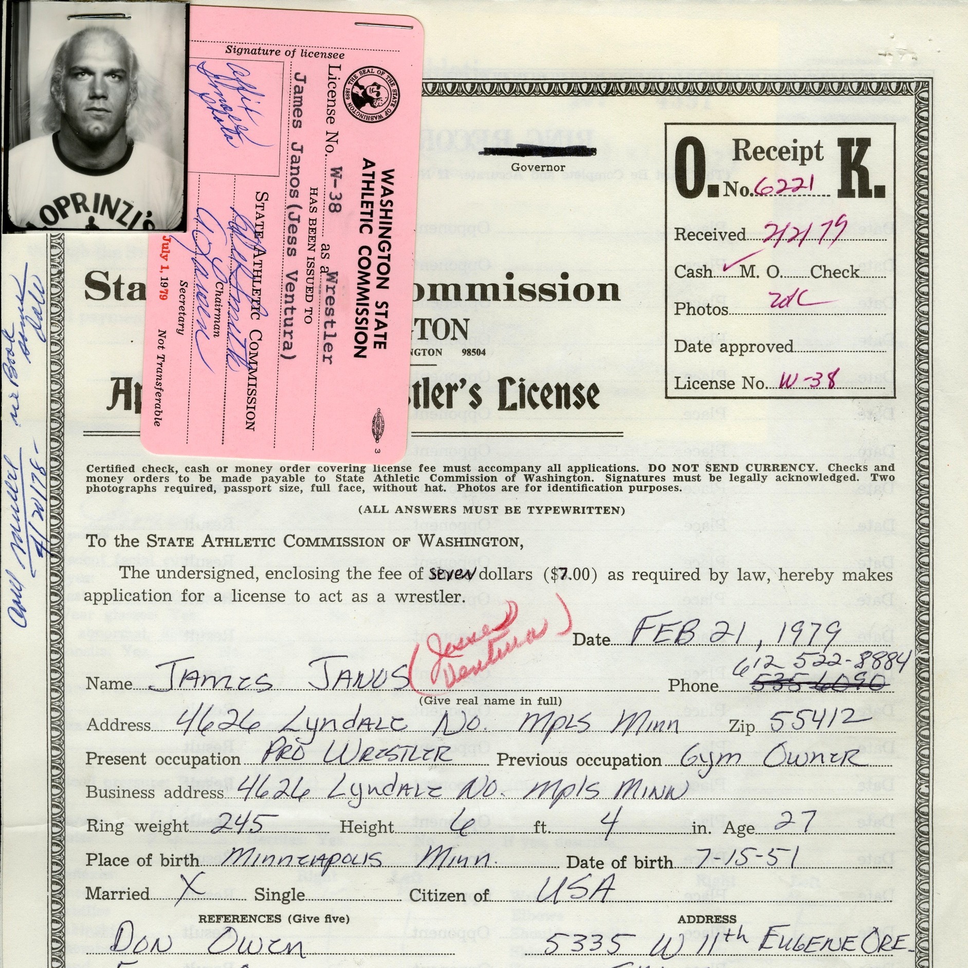 Happy Birthday Jesse Ventura! Check out his Washington State Commission license to wrestle from 1979. 