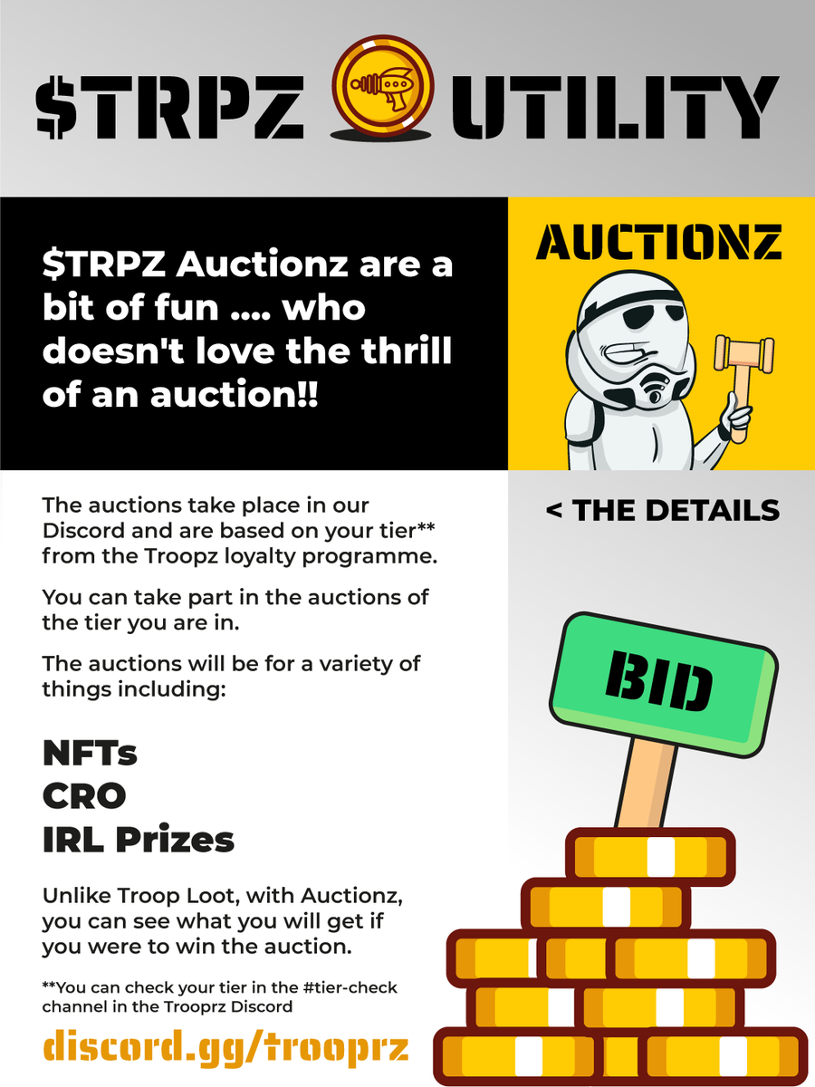 @trooprzarmy 

TIERED AUCTIONZ KICKING OFF AT 23:45 UK TIME 

(Thats BST/GMT+1 .... 30 minutes from now!)

Check the discord for all the info...

discord.gg/trooprz

4 Auctionz back to back! Don't miss it!

#troopz4life #troopz #trpz #auctionz #CroFam #NFTCommunity