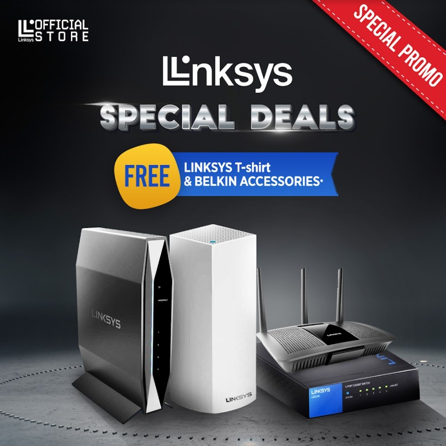 Promo spesial untuk kamu yang lagi cari wireless router nih! Untuk setiap pembelian perangkat jaringan Linksys, kamu bisa mendapatkan kaos keren dari Linksys serta tambahan aksesoris dari Belkin.

Promo ini berlaku sampai tanggal 31 Juli 2022. Buruan!