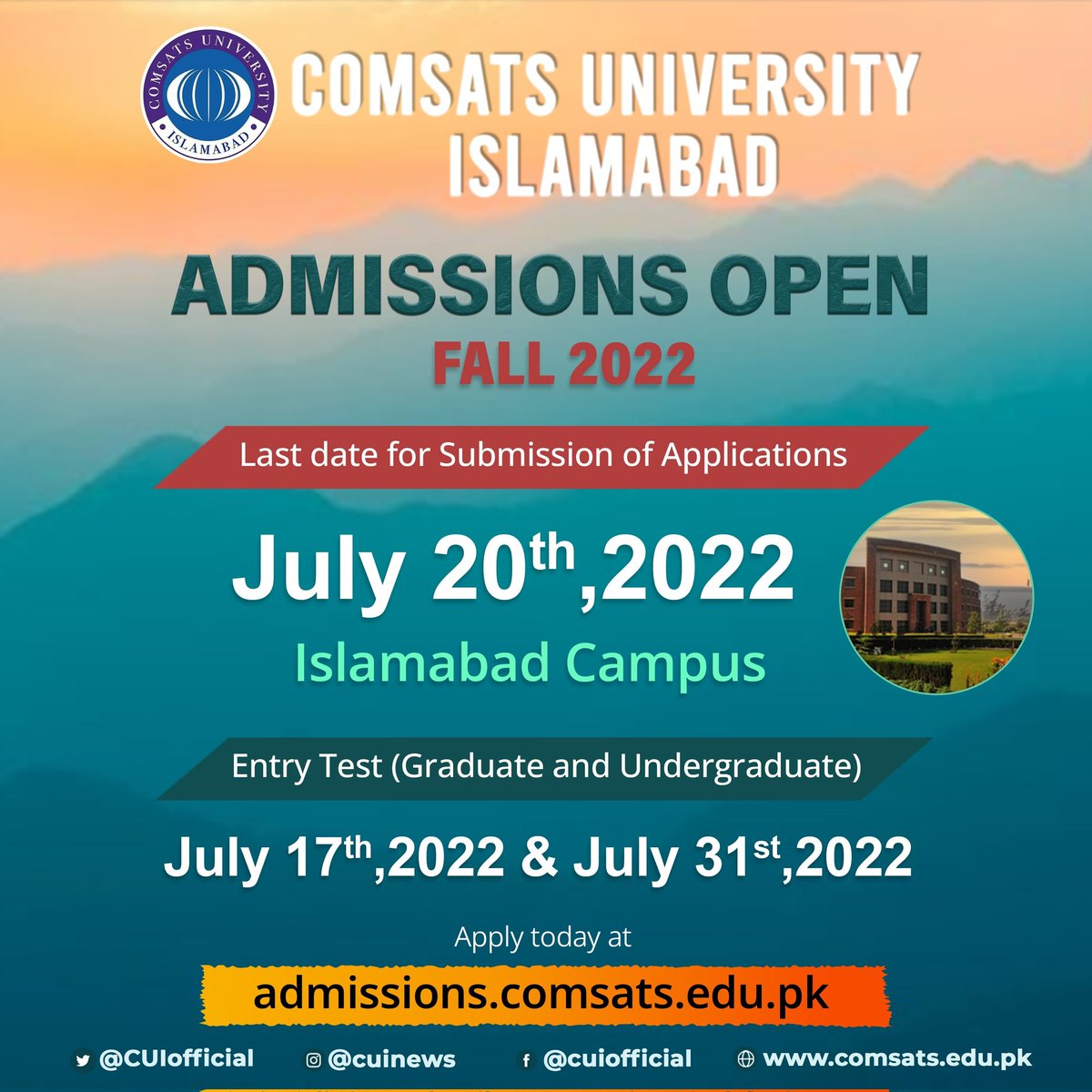 CUIofficial's tweet photo. Take the next step towards your goals by applying now at one of the most highly ranked universities of Pakistan.  
Last Date to Apply at Isb Campus is 20th July so head over now to *https://t.co/Yyj4WFYqP3* &amp; apply!

#CUI #CUINEWS #CUIOFFICIAL #admissionsfall22
#CUIISB https://t.co/rWK7r9Tli7