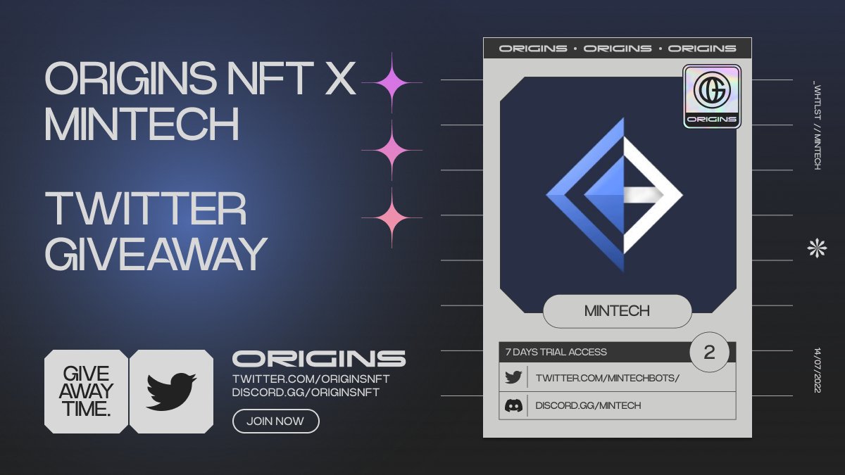 Origins x Mintech

One of the top ETH Automation software in the space, we are giving away two 7 days access to Mintech! (4.85e fp)

To enter:
1. Follow <a href="/Origins_Collabs/">Origins Collabs</a> &amp; <a href="/MinTechBots/">MinTech</a>
2. Like+RT
3. Tag 3 friends

You have 24 hours!