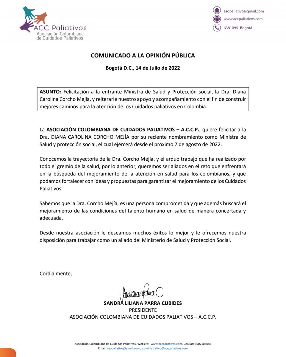 Felicitamos a la Dra <a href="/CarolinaCorcho/">Carolina Corcho</a> por su nombramiento como Ministra de Salud y Protección social <a href="/MinSaludCol/">MinSalud Colombia 🇨🇴</a> 
Reconocemos su trayectoria y estamos en disposición para brindar calidad y cuidados a la población con Enf crónicas en el país #cuidadospaliativos