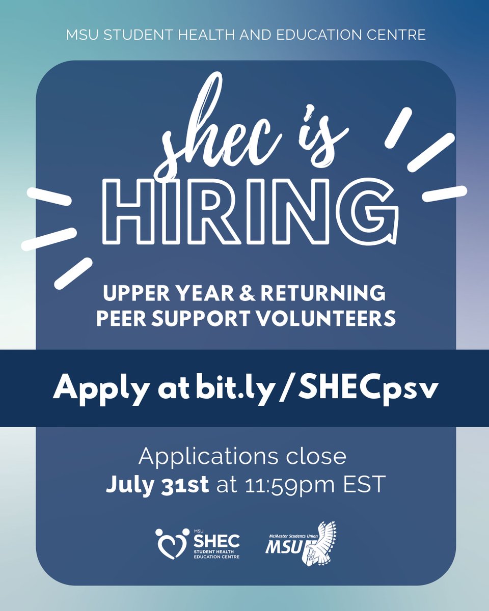 📣 CALLING ALL UPPER-YEAR MCMASTER STUDENTS 📣 

The Student Health and Education Centre (SHEC) is now hiring upper-year and returning peer support volunteers! 🤍💙
  
Applications can be found at bit.ly/SHECpsv and are due on Sunday, July 31st at 11:59 PM EST.