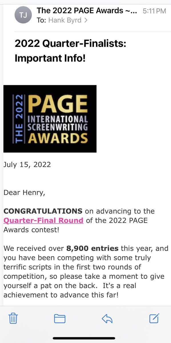 Well, that’s some cool news to kick off the weekend. #screenwriter #ScreenwritingTwitter #screenwriterlife @PAGEawards