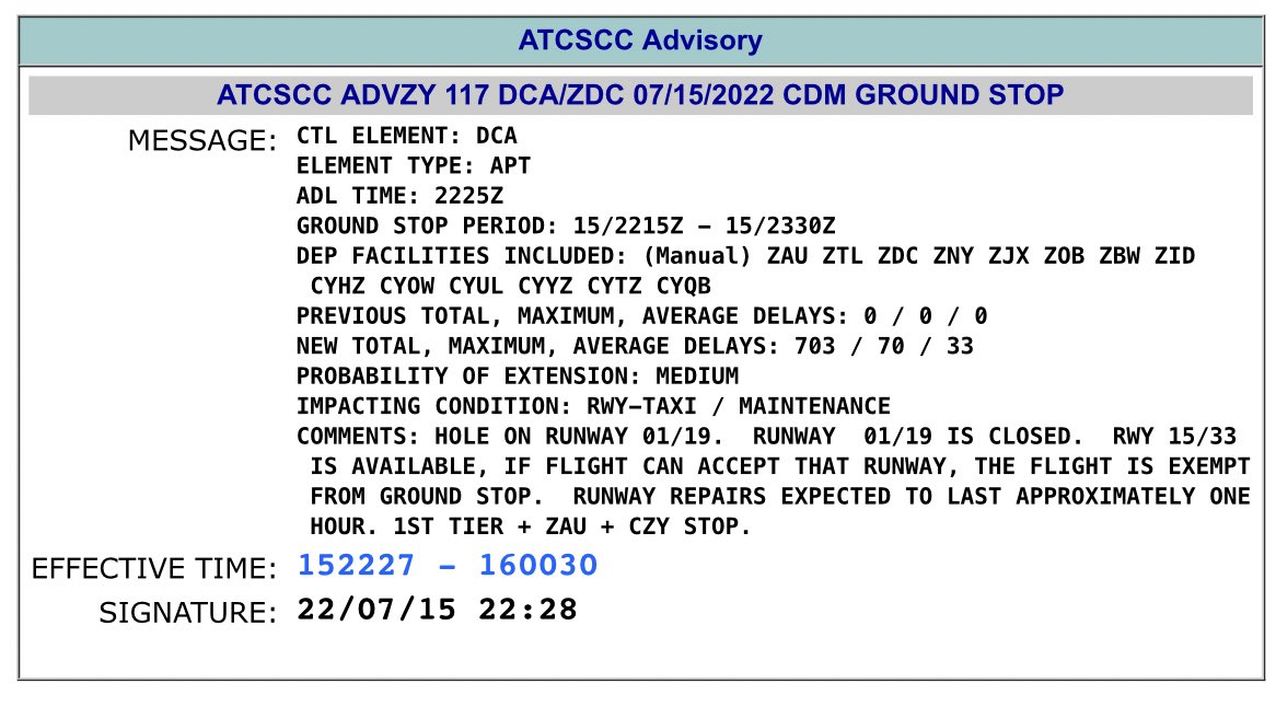 petemuntean's tweet photo. The FAA just imposed ground stop for flights to Reagan National Airport for a *hole* in the main runway. https://t.co/gzisDNNH4z
