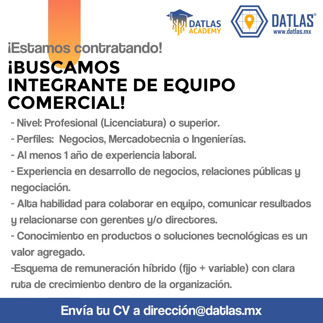 DatlasMX's tweet photo. En Datlas estamos contratando!👨💻 Únete a nuestro equipo o comparte con un amigo! Envía tu CV a direccion@datlas.mx
#trabajo #equipo #datlas #oportunidades #vacante #empleo #analista #equipo https://t.co/wkGklNSo6y