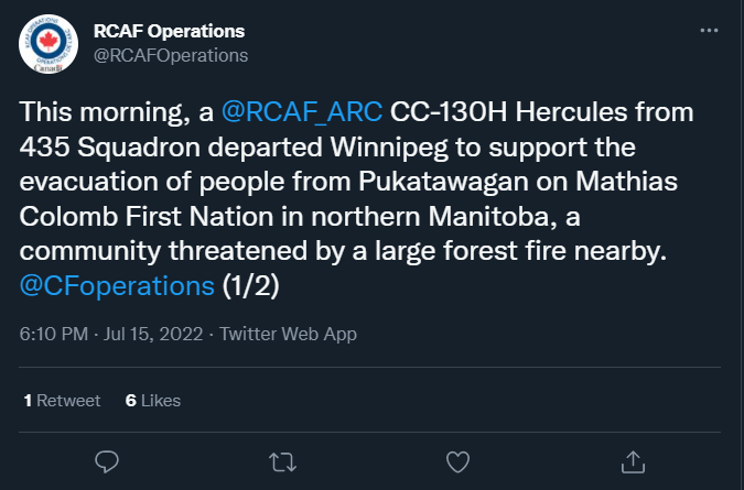 IntelWalrus's tweet photo. The RCAF CC-130H Hercules mentioned in these tweets is reg 130339 (#C2AF27). It was flying under callsign REBL39. Unfortunately, poor ADSB receiver coverage of rural Canada meant that only a portion of the attempt to evacuate Pukatawagan was tracked. @steffanwatkins https://t.co/TFRytkElpJ