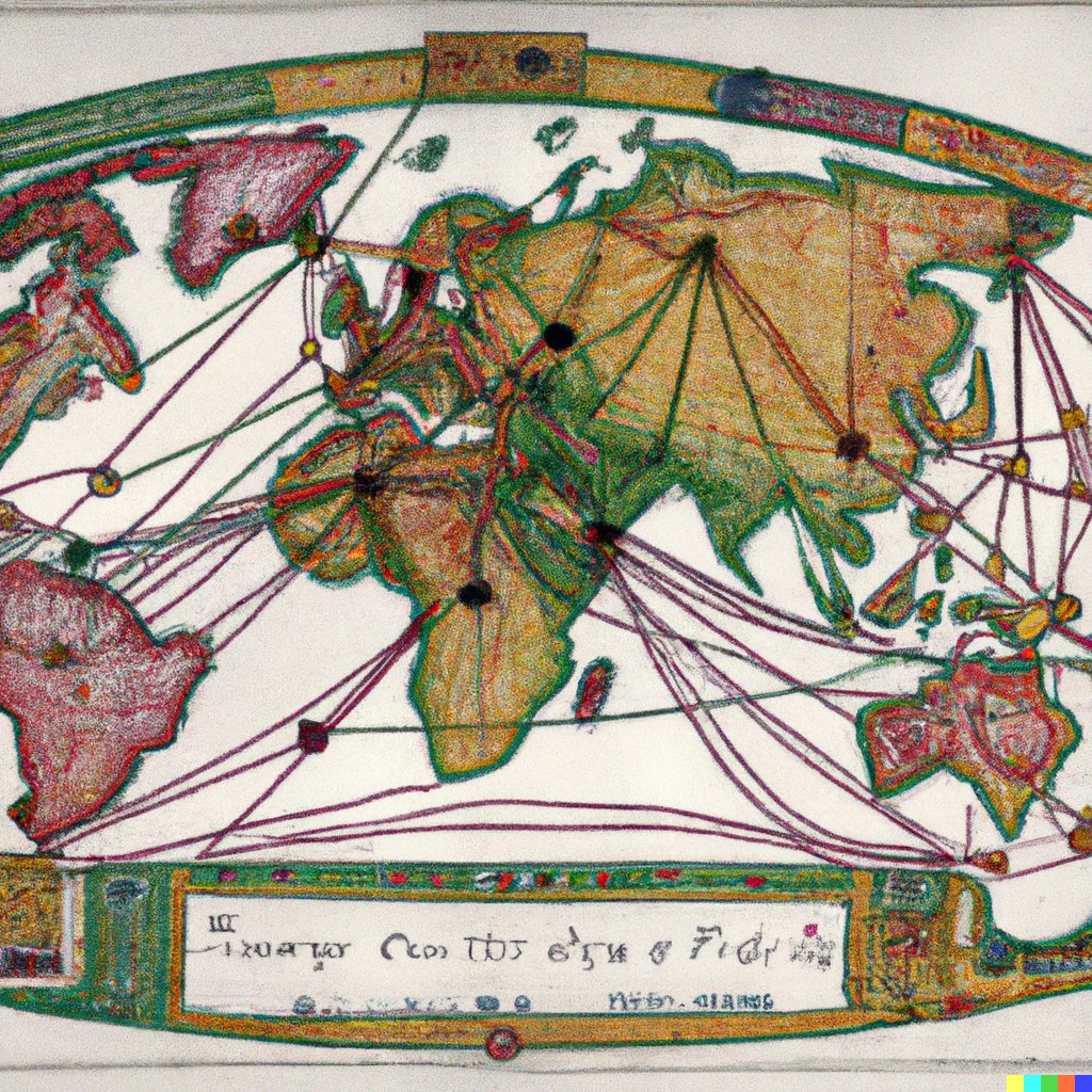 jimcowie's tweet photo. "a detailed 15th century map of the modern Internet, showing BGP routes and IXPs" https://t.co/bqaSKVhAyD