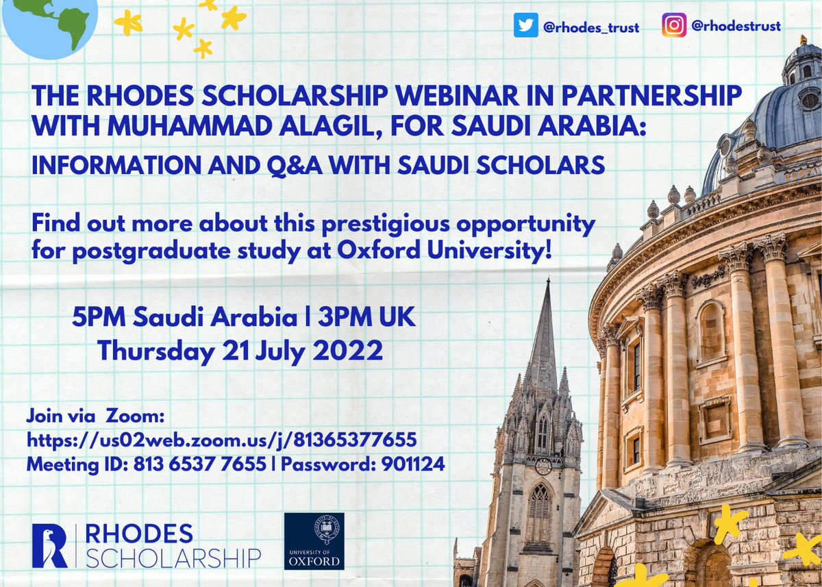 يسعدنا دعوة جميع الطلبة الراغبين في الدراسات العليا حضور ويبنار بعثة رودز يوم ٢١ يوليو والمسارعة في تقديم طلباتهم عن طريق موقع رودز للحصول على فرصة الدراسة في جامعة أكسفورد

لا تفوتك الفرصة🎓👍🏻

 Join via Zoom:
us02web.zoom.us/j/81365377655 Meeting ID: 813 6537 7655 | Password: 901124