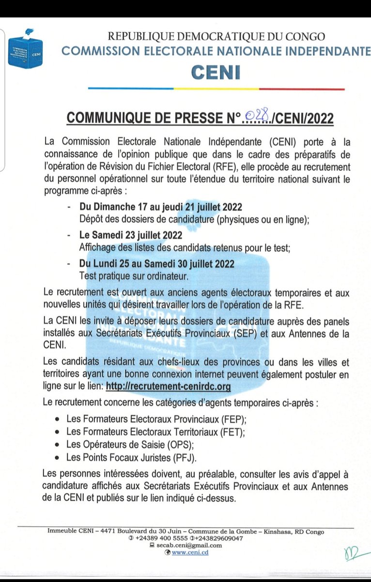 cenirdc's tweet photo. Voici le lien pour envoyer le dossier électronique : https://t.co/I4wqN4mALO https://t.co/GSj558zgbs