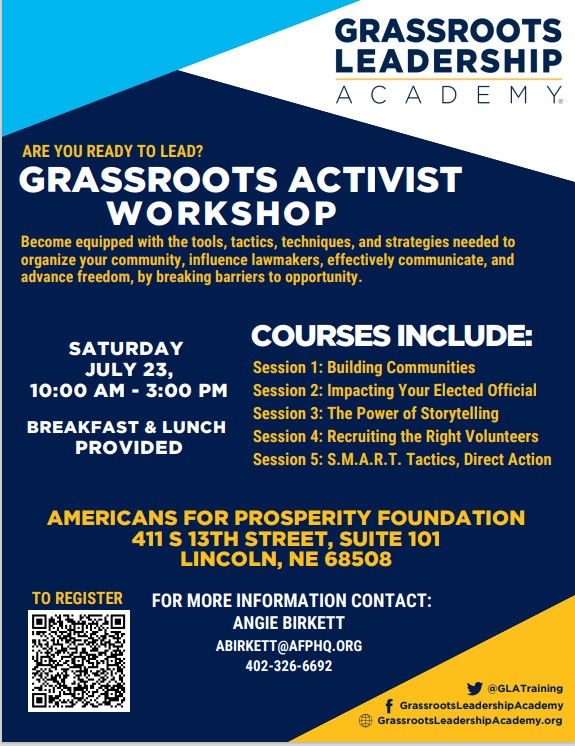 AFPFNE's tweet image. Mark your calendar for this FREE workshop on July 23! You will learn what is needed to organize your community, influence lawmakers, effectively communicate, and advance freedom, by breaking barriers to opportunity.