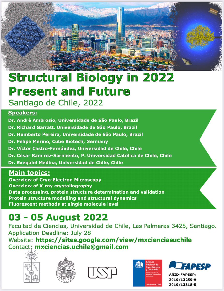 Las y los invitamos al workshop Structural Biology in 2022, Present and Future que se realizará entre el 3 y 5 de Agosto de 2022. Se abordará metodologías de crio-microscopía electrónica, difracción de rayos X. Inscripción  gratuita hasta el 28 de julio:
sites.google.com/view/mxciencia…