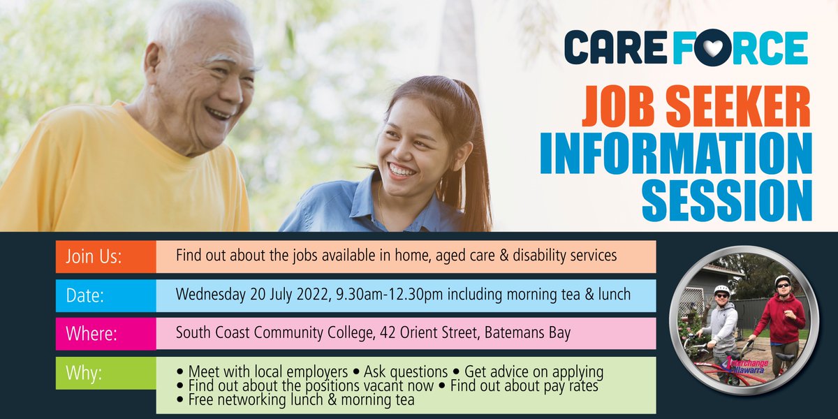 CareForceHub's tweet photo. Please share with job seekers! Join us on Wed 20 July 2022, 9.30am-12.30pm at South Coast Community College, Batemans Bay for an in-person Job Seeker Information Session. 

Free morning tea and lunch.
Learn about the roles available.

https://t.co/fksHXInrv8 

#careforcehub https://t.co/B26SkTm5H3