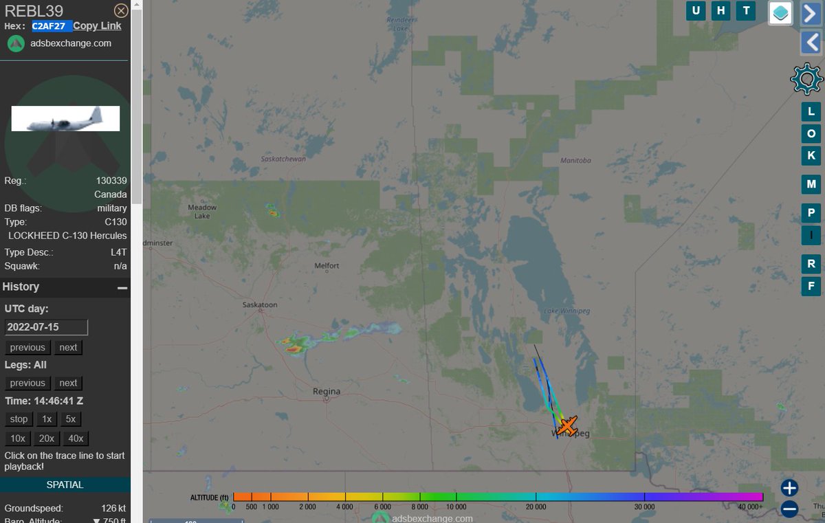 IntelWalrus's tweet photo. The RCAF CC-130H Hercules mentioned in these tweets is reg 130339 (#C2AF27). It was flying under callsign REBL39. Unfortunately, poor ADSB receiver coverage of rural Canada meant that only a portion of the attempt to evacuate Pukatawagan was tracked. @steffanwatkins https://t.co/TFRytkElpJ