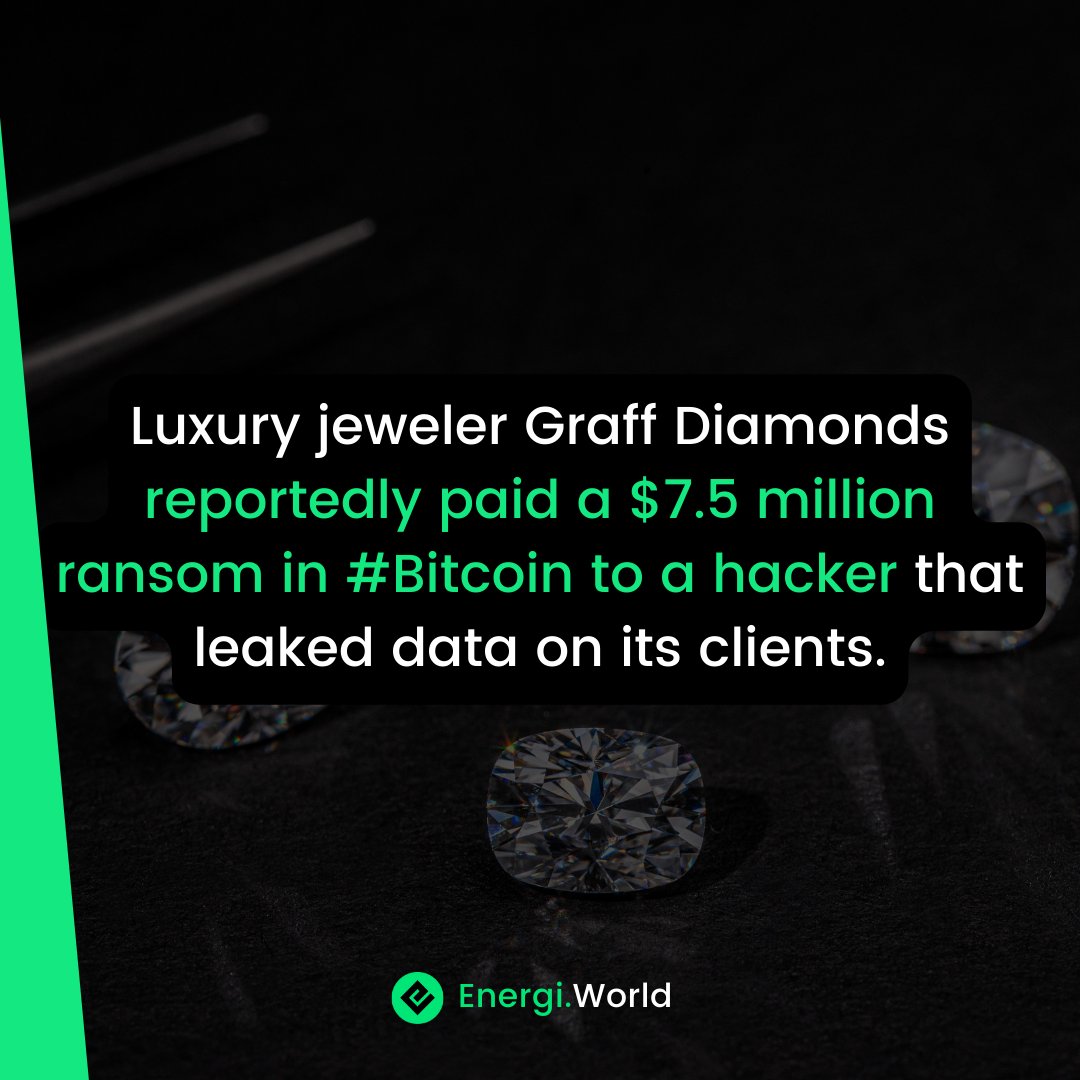 energi's tweet photo. #Diamonds, #Data &amp; #Bitcoin.

Luxury jeweler Graff Diamonds reportedly paid a $7.5 Million ransom in #Bitcoin to a hacker that leaked data on its clients. https://t.co/VVCwlajLHS