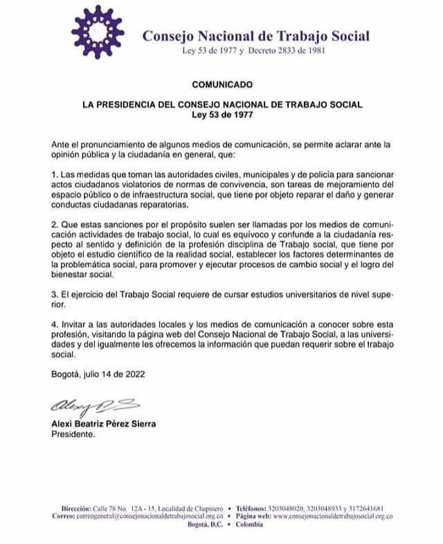 FECTS2022's tweet photo. Pronunciamiento de la presidenta del consejo nacional de trabajo social, ante la expresión de utilizada para las sanciones de actos ciudadanos violatorios de normas de convivencia.. https://t.co/PK8qEi1Fyj