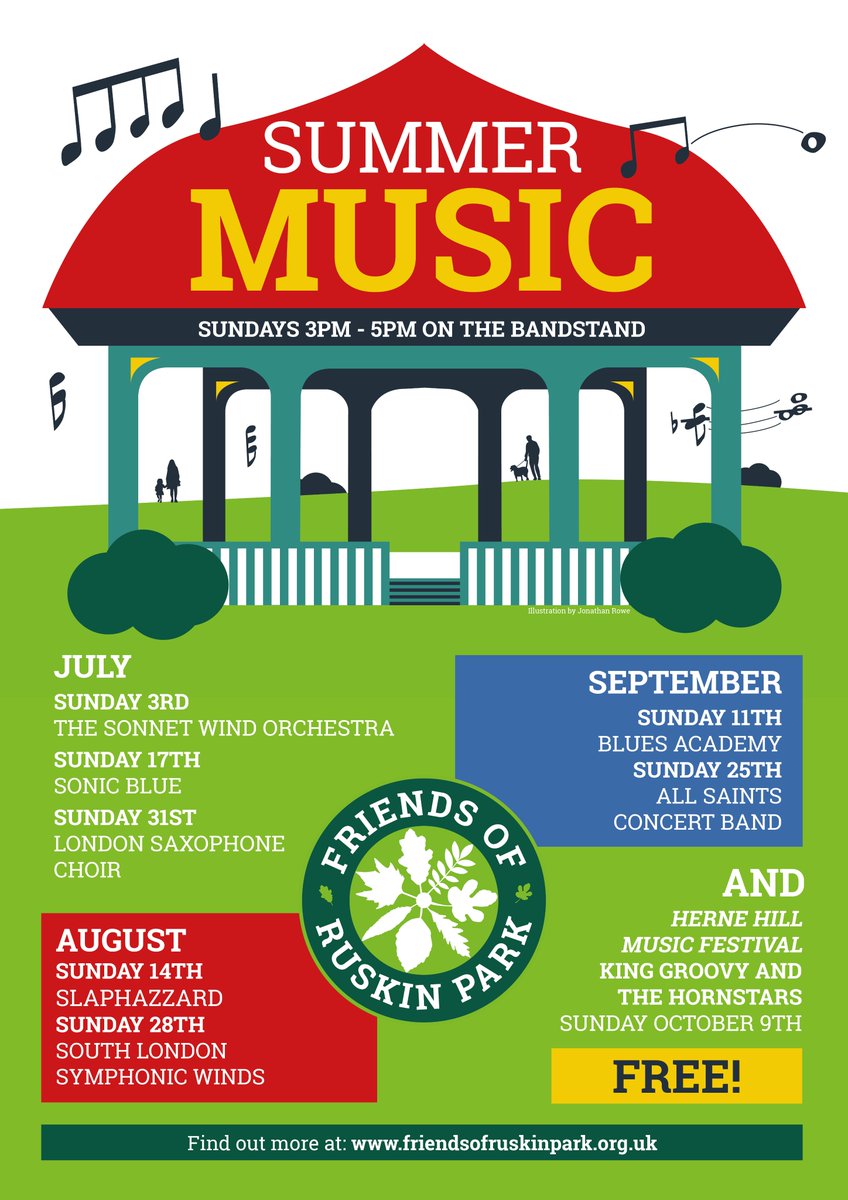 Our next free bandstand music concert is this Sunday, 3-5pm around the lovely bandstand. 🎵🎷🎸

Sonic Blue are lined up to play - their lively mix of old-school R&amp;B and funky feel-good originals just the tonic for a summer's day!

#Ruskinpark #selondon #livemusic
