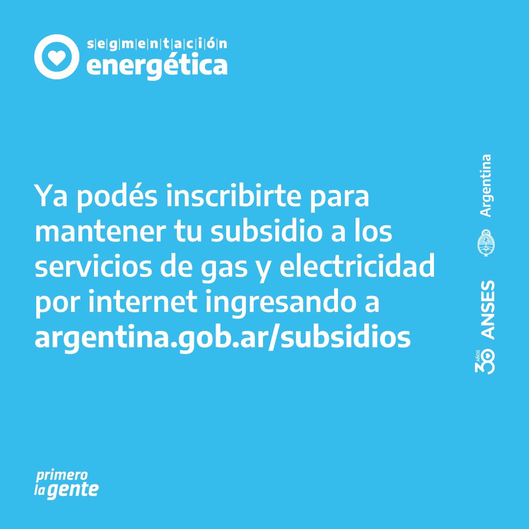 Desde hoy podés inscribirte para solicitar tu subsidio a la energía eléctrica y gas. 📲 Podés completar el formulario de manera online en argentina.gob.ar/subsidios o en la aplicación Mi Argentina.