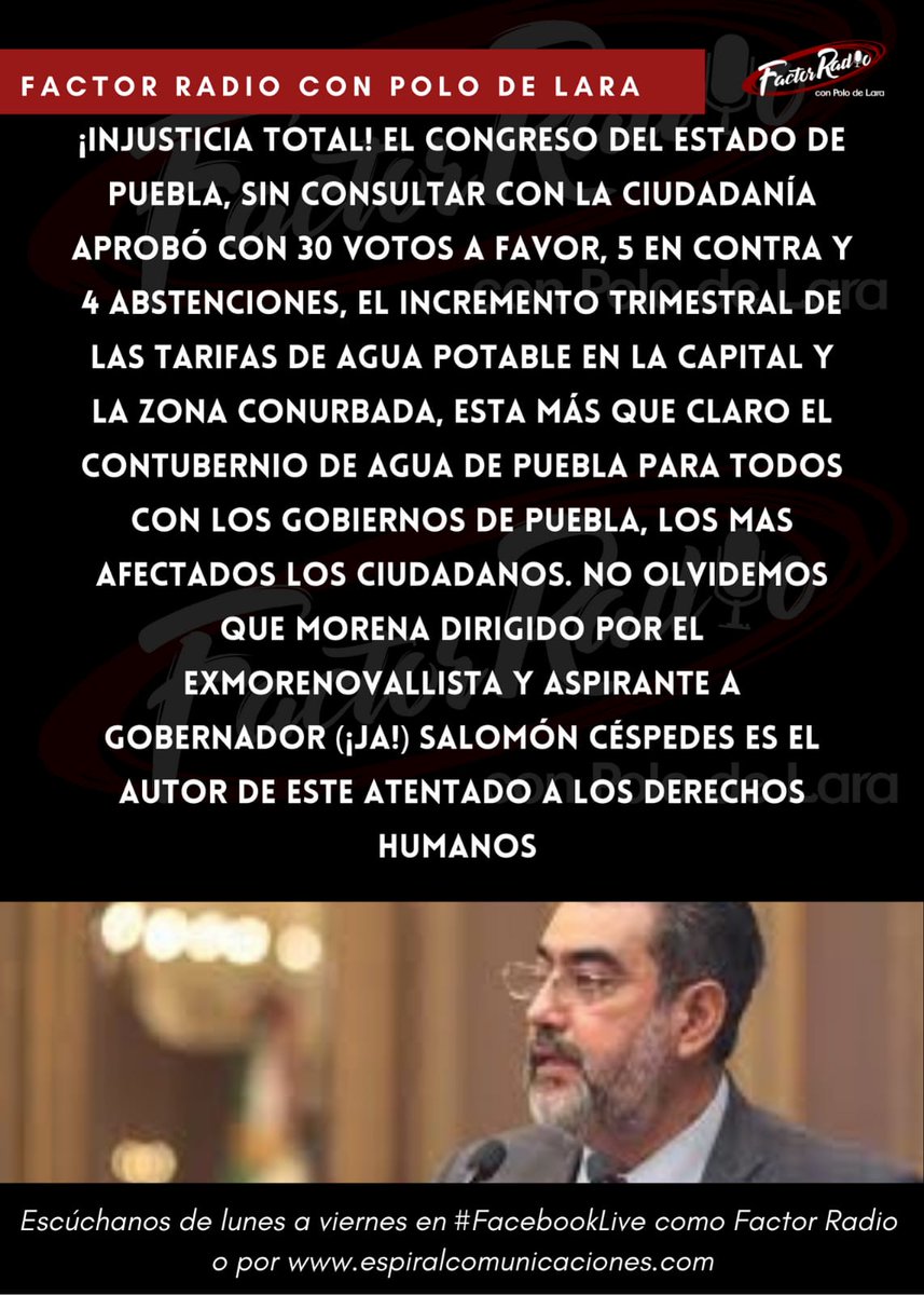 Un verdadero #Abuso el incremento a la tarifa del #AguaPotable en #Puebla habrá que ver quiénes son los Diputados locales que aprobaron esto,ahora falta que se apruebe el aumento a la tarifa eléctrica que pretende <a href="/eduardorivera01/">Eduardo Rivera Pérez</a> y su <a href="/PueblaAyto/">Puebla Gobierno de la Ciudad</a> ,<a href="/RafaelLoretdeM/">Rafael LdeMola</a> <a href="/piolin_lpz/">Humberto López</a>