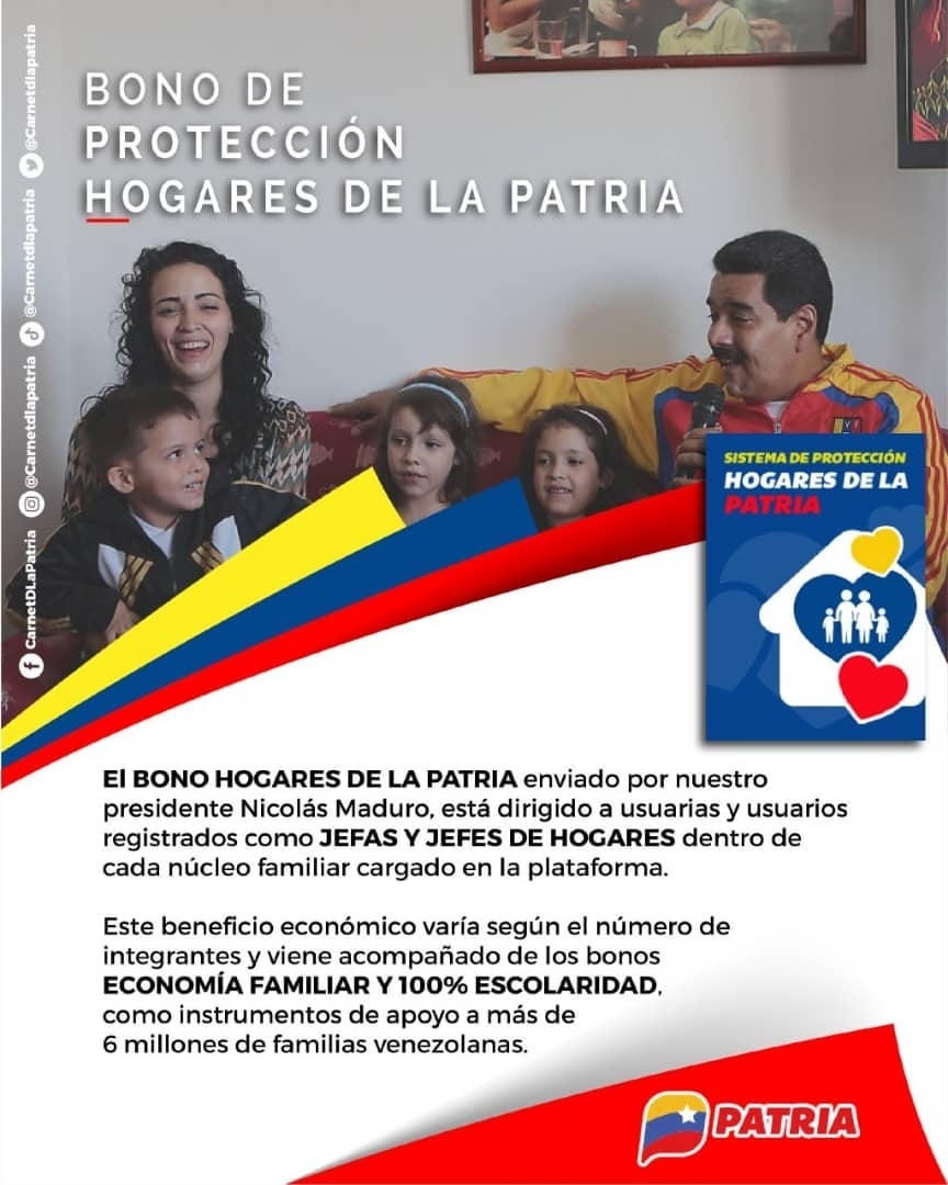 CarnetDLaPatria's tweet photo. El #SistemaPatria es un maravilloso mecanismo de Protección Social, creado por nuestro Pdte. @NicolasMaduro para proteger al pueblo.
Son más de 6 millones de FAMILIAS PROTEGIDAS con el programa HOGARES DE LA PATRIA, a través de la #PlataformaPatria.

#CrecimientoProductivo #15Jul https://t.co/ZTvwALfIi8