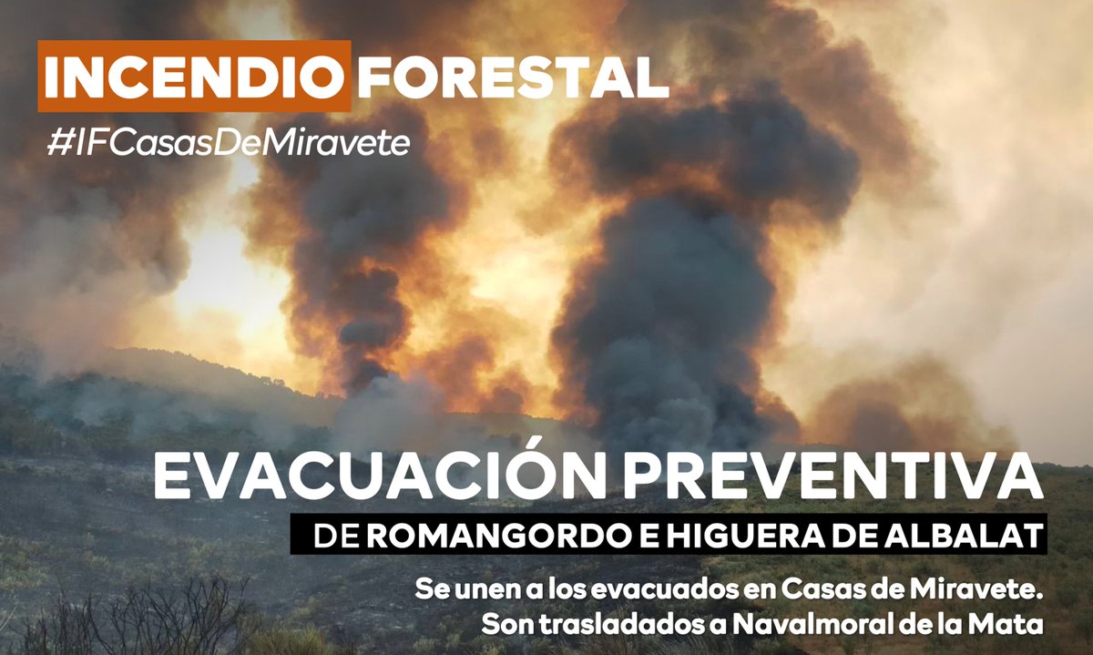 SergioParra97's tweet photo. ‼️ ÚLTIMA HORA | El 112 procede a la EVACUACIÓN PREVENTIVA de los habitantes de Romangordo e Higuera de Albalat. Son más de 360 vecinos que se  unen a los evacuados de Casas de Miravete. Son trasladados a Navalmoral de la Mata. https://t.co/hJN9jTW2oZ