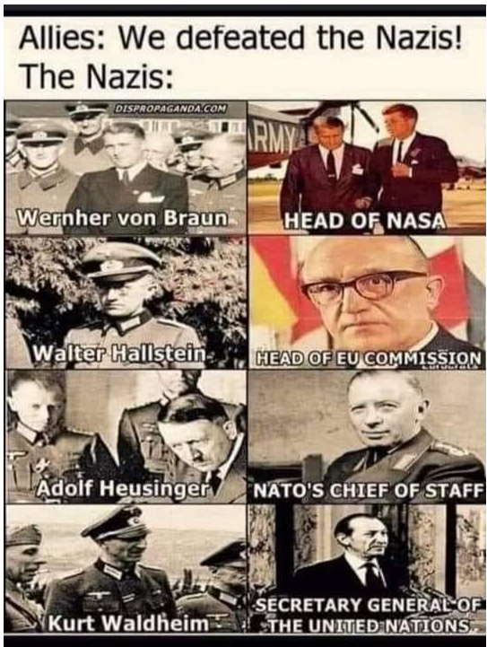 BigOwlDream7's tweet photo. @Doasisay13 @conspiracyb0t I have long maintained that we are still in WWII. Nazi's did not lose the war-the German people took the fall for that. While the Nazi's changed out of their uniforms and into CEO suits; UN, NATO, EU, NASA, WHO, WEF. Their kids run EVERYTHING. 

HAIL HYDRA. 
[see Marvel Avengers] https://t.co/9fO2oAUr3z