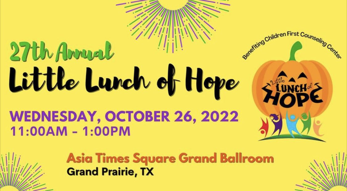 ChildrenFirstCC's tweet image. 📣SAVE-THE-DATE for our 27th Annual Little Lunch of HOPE, the funnest event in town! 🎉🎉 (You can quote us on that 😉) 

Back with our full luncheon and live-auction format! 

We look forward to hosting you! 🎃✨🐥