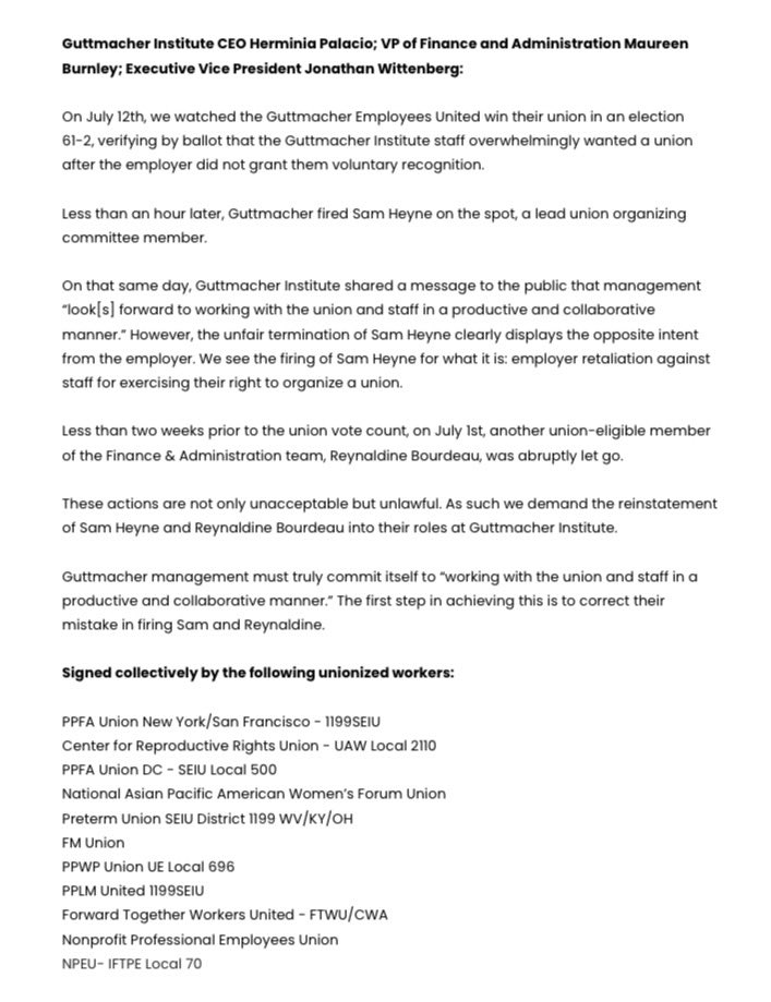 A message to <a href="/Guttmacher/">Guttmacher Institute</a> CEO @HerminiaPalacio in solidarity with @GuttUnion and Sam Heyne. 

medium.com/@reprounions/r…

#Solidarity #reprounions