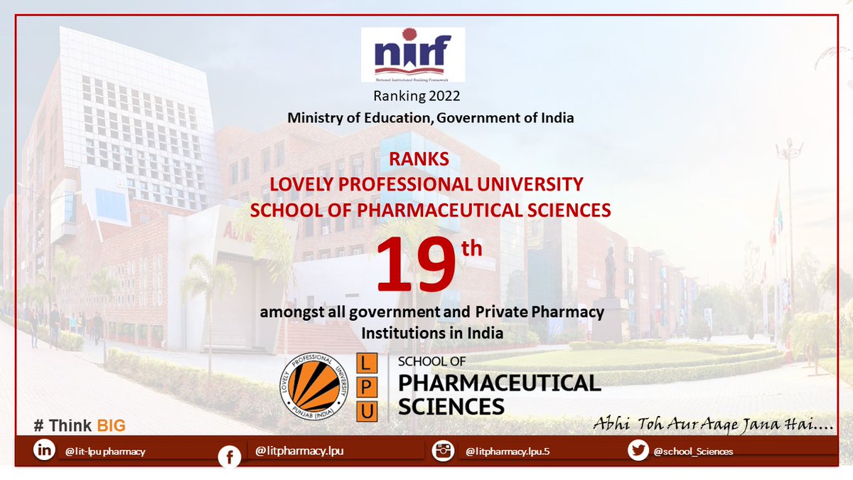 School of Pharmaceutical sciences, LPU ranked 19th among Pharmacy institutions in India as per NIRF rankings 2022

#lpupharmacy #success #NIRF2022 #rankings #celebration #pharmacy #pharmaceutical #proudmoment #Rankedbest #lpu #educationforall #lpuachievements #lpufraternity
