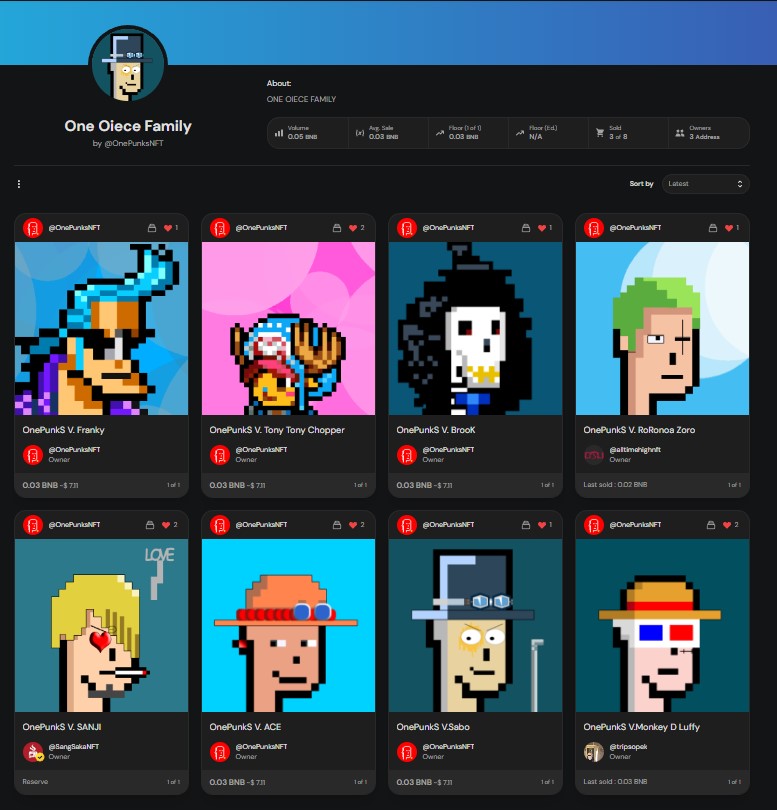 🔥OnePunks.NFT X One Piece Family🔥

app.pentas.io/collection/One…

<a href="/pentas_io/">Pentas | NFT Marketplace</a> <a href="/Pentasian/">PENTASIAN</a>
#NFTCommunity #NFTs #NFTCollection #NFTCommmunity #nftart #BNB