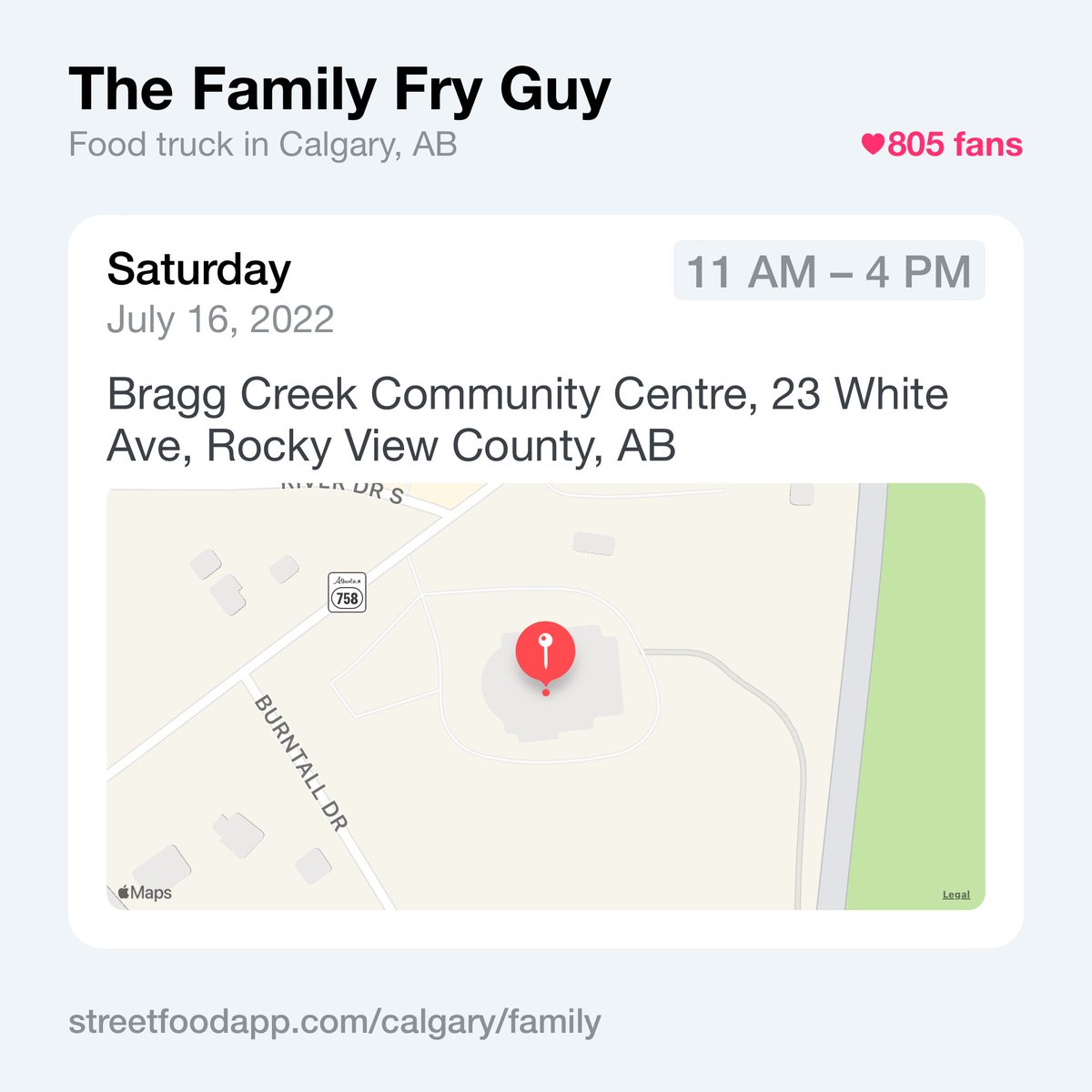 We're open July 16 from 11 AM - 4 PM at Bragg Creek Community Centre, 23 White Ave, Rocky View County, AB.

streetfoodapp.com/calgary/family
