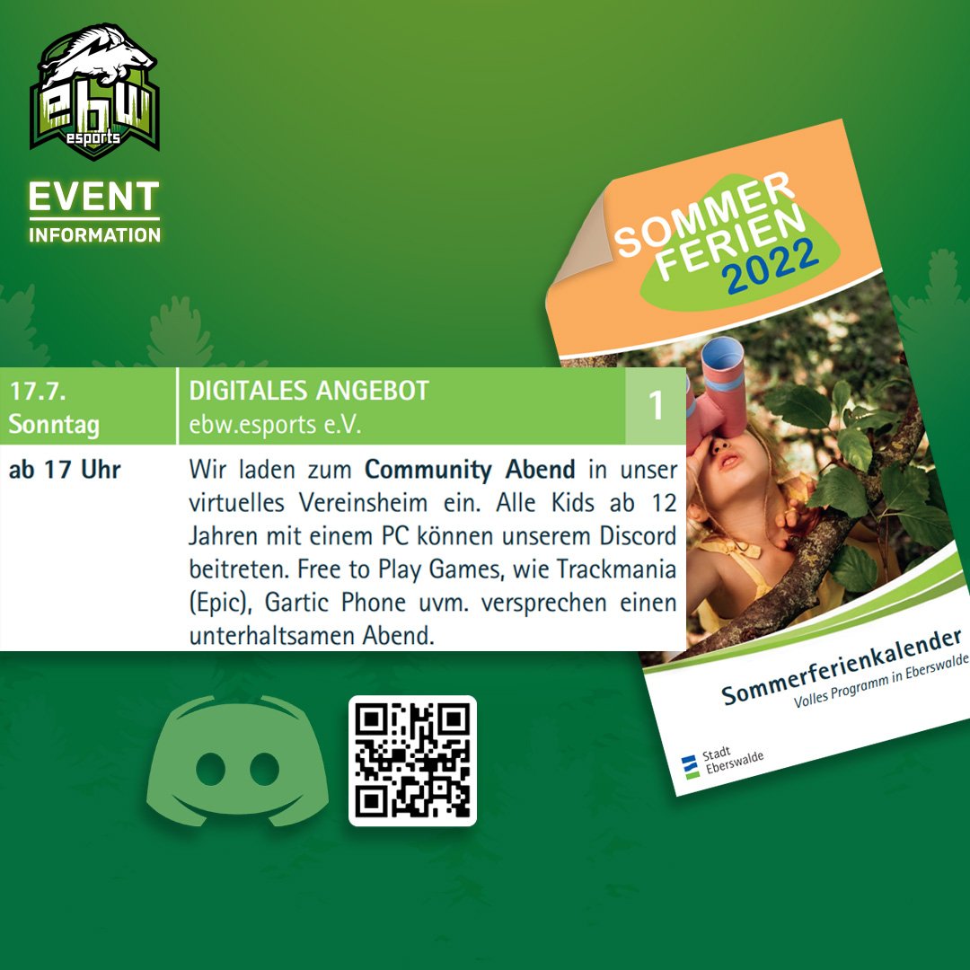 ebw.esports e.V. (@ebwesports) on Twitter photo 📢 Event Nr. 1 im #Ferienkalender 2022
von <a href="/mein_eberswalde/">Stadt Eberswalde</a>
Hier geht's ins virtuelle Vereinsheim: discord.gg/dDFq7UNvXR
#yourlocalplayground
#ebwesports #eberswalde #barnim #brandenburg #ferien #sommerferien #gaming #online #discord #esport 📢 Event Nr. 1 im #Ferienkalender 2022
von <a href="/mein_eberswalde/">Stadt Eberswalde</a>
Hier geht's ins virtuelle Vereinsheim: discord.gg/dDFq7UNvXR
#yourlocalplayground
#ebwesports #eberswalde #barnim #brandenburg #ferien #sommerferien #gaming #online #discord #esport