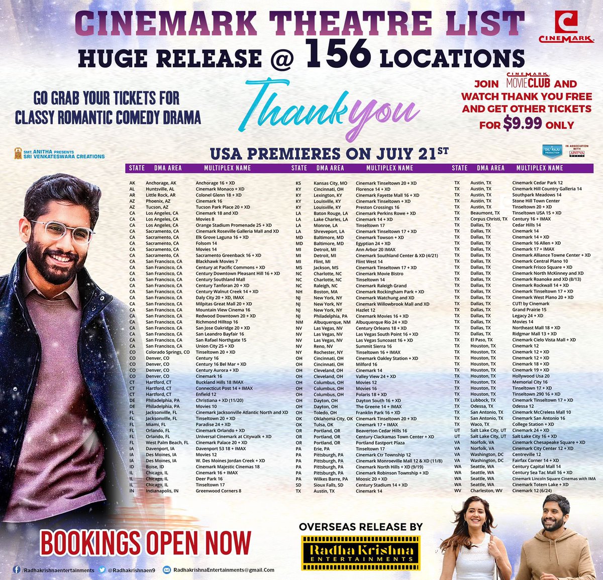 Here is @Cinemark Theatre list of THANK YOU USA premiers from 21st July overseas by @Radhakrishnaen9 @Vikram_K_Kumar @MusicThaman @pcsreeram @chay_akkineni @RaashiiKhanna_ @BvsRavi #MalvikaNair @avika_n_joy @SaiSushanthR @SVC_official @adityamusic