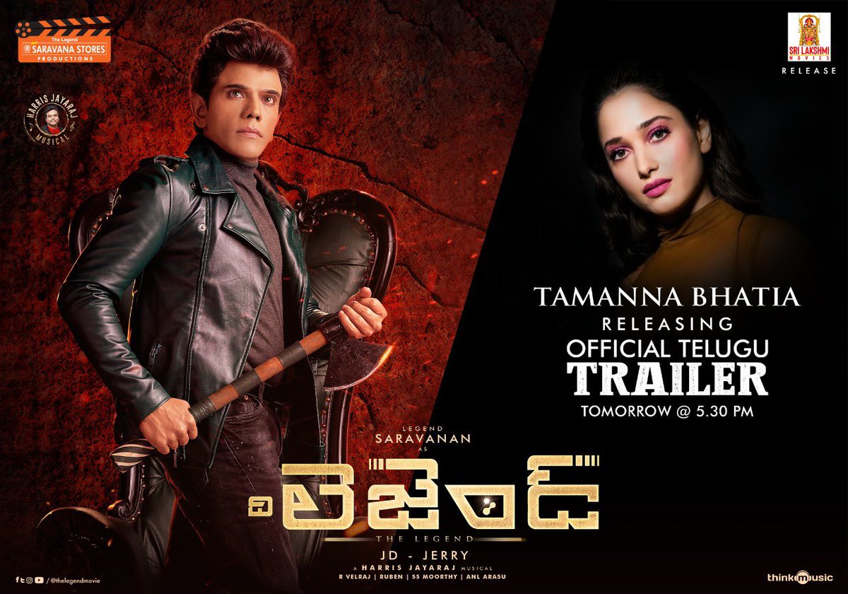 #TheLegendSaravanan starring #TheLegendMovie Official Telugu Trailer to be released by @tamannaahspeaks by Tomorrow at 05.30 PM Worldwide release on July 28th #TheLegendSaravanaStoresProduction #TheLegend #TheLegendFromJuly28 @jdjeryofficial @Jharrisjayaraj