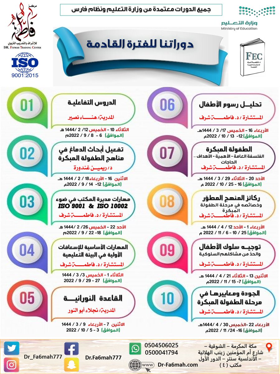 Dr_Fa6mah777's tweet photo. دوراتنا القادمة للفصل الدراسي الأول1444هـ-2022-2023 م
#برنامج خاص للباحثات عن الوظائف الإدارية
#المستشارة التربوية د. فاطمة شرف
#دورات مركز الجودة في مكة -د. فاطمة شرف
#أجمل دورة للإسعافات الأولية
#ركائز المنهج المطوّر
#الجودة ومعاييرها في رياض الأطفال
#تحليل رسوم الأطفال https://t.co/vgWuhMCaK9