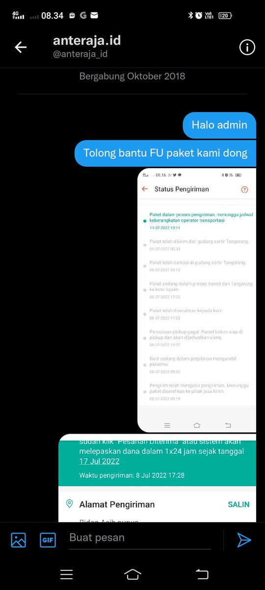 nwansaa's tweet photo. @anteraja_id 

HALO ADMIN @anteraja_id 

Saya DM kok ga direspon sih..

Paket saya dikirim dari tanggal 8 hingga sekarang belum kok sampai, dan gaki ada proses sama sekali? 

Tolong bantu follow up dong min https://t.co/NKk3Yg5eWa