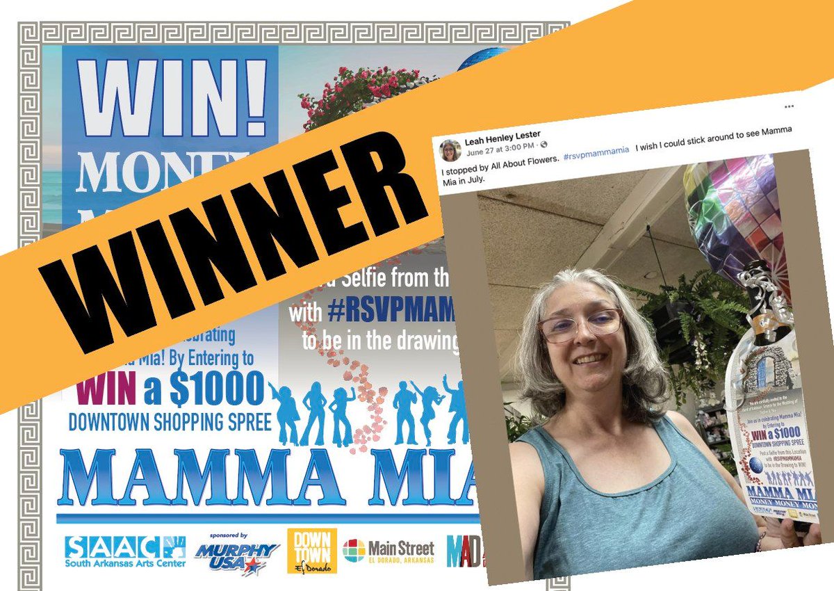 Congratulations to Leah Henley Lester for WINNING the Mamma Mia $1000 Money, Money, Money Downtown El Dorado Shopping Spree! Leah if you see this post, contact us.
Thanks to <a href="/mseldorado/">MainStreet El Dorado</a>,Downtown El Dorado DBA and <a href="/eldo_MAD/">Murphy Arts District</a> for partnering with SAAC to make this promotion possible.