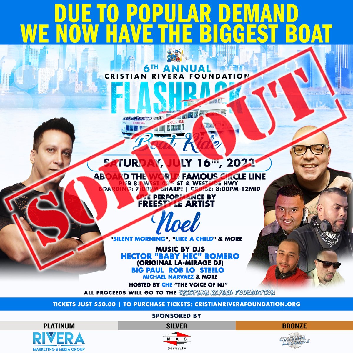 We are officially SOLD OUT! Thank you to everyone who purchased tickets for the 6th Annual Cristian Rivera Foundation Flashback Boat Ride.  
facebook.com/RiveraMarketin…
#CRF #CristianRiveraFoundation #FlashBackBoatRide #DIPG #CureDIPG #DIPGAwareness