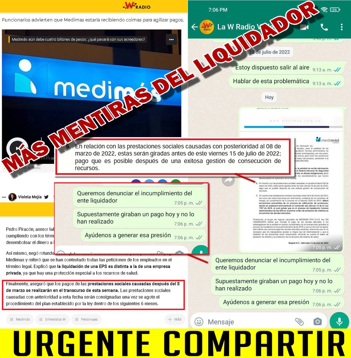 DMedimas's tweet photo. El 13 de Julio en @WRadioColombia, el señor Pedro Piracón, asesor laboral de @MedimasEPS en liquidación, declaró públicamente asegurando que, HOY 15 de Julio harían un abono a los extrabajadores. Son las 9pm y, A NADIE le transfirieron!. Hasta cuando esta burla?? @MintrabajoCol https://t.co/CKEvKO2H6h