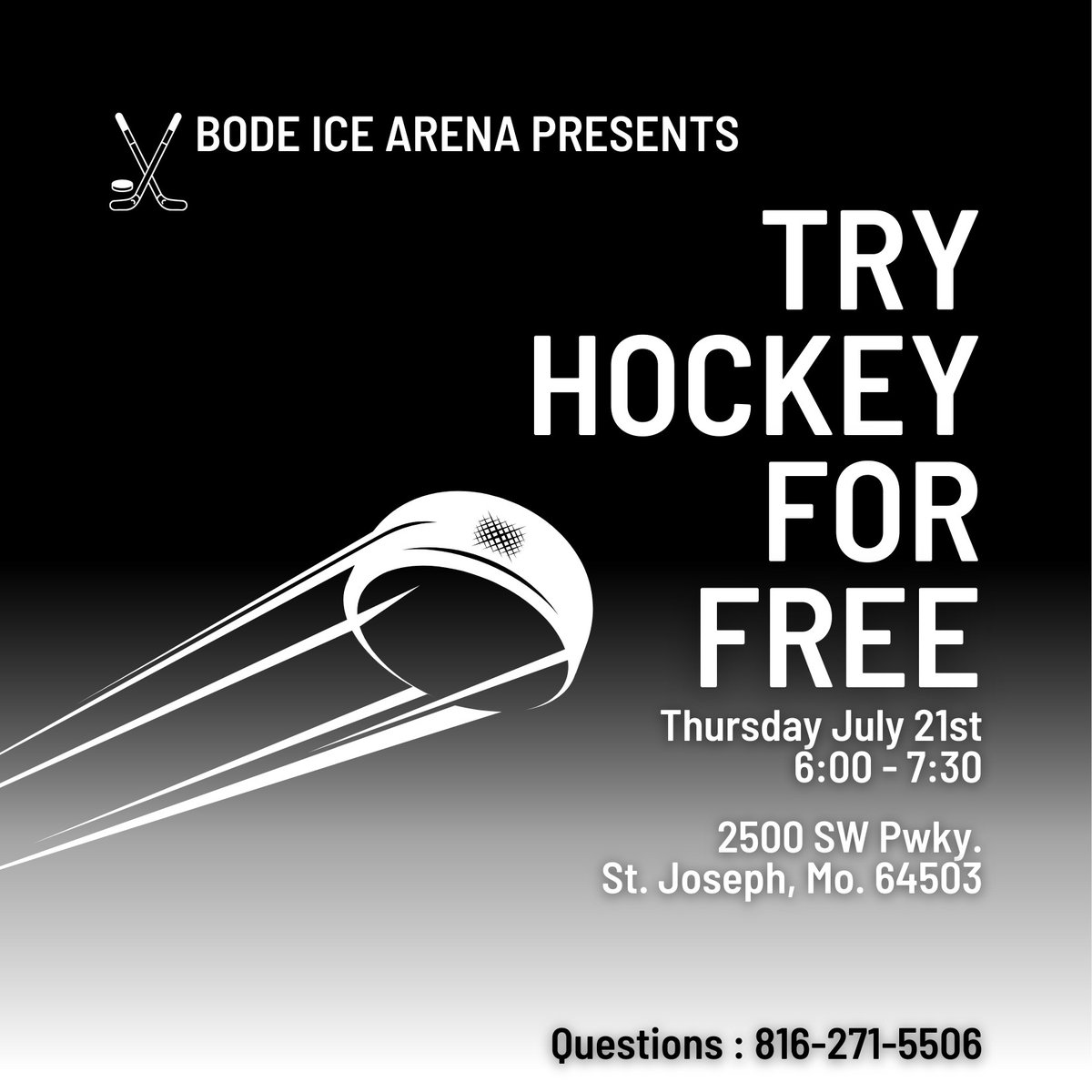In conjunction with <a href="/citystjoemo/">City of St. Joseph</a>, we are announcing the next Try Hockey for Free event! No sign up is needed. We will have information on different skating classes with <a href="/BodeIce/">Bode Sports Complex</a> as well as your child's (boy or girl) path to become a Griffon!